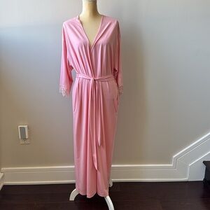 Natori Vintage Elegant Pink Women's Robe 80’s, Pockets, Belt, Lace Sleeves Large
